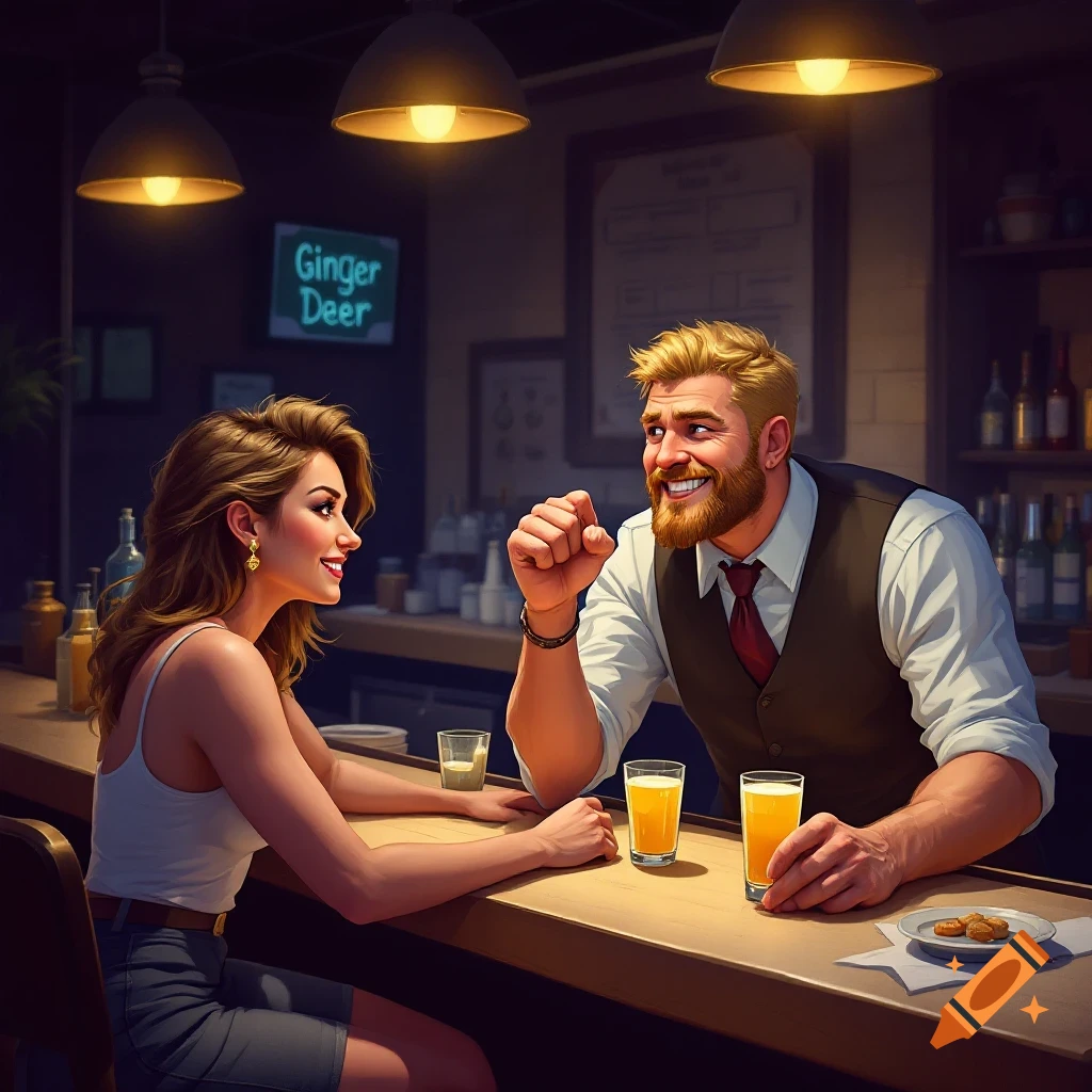 A man and woman talking and smiling at a bar with drinks.