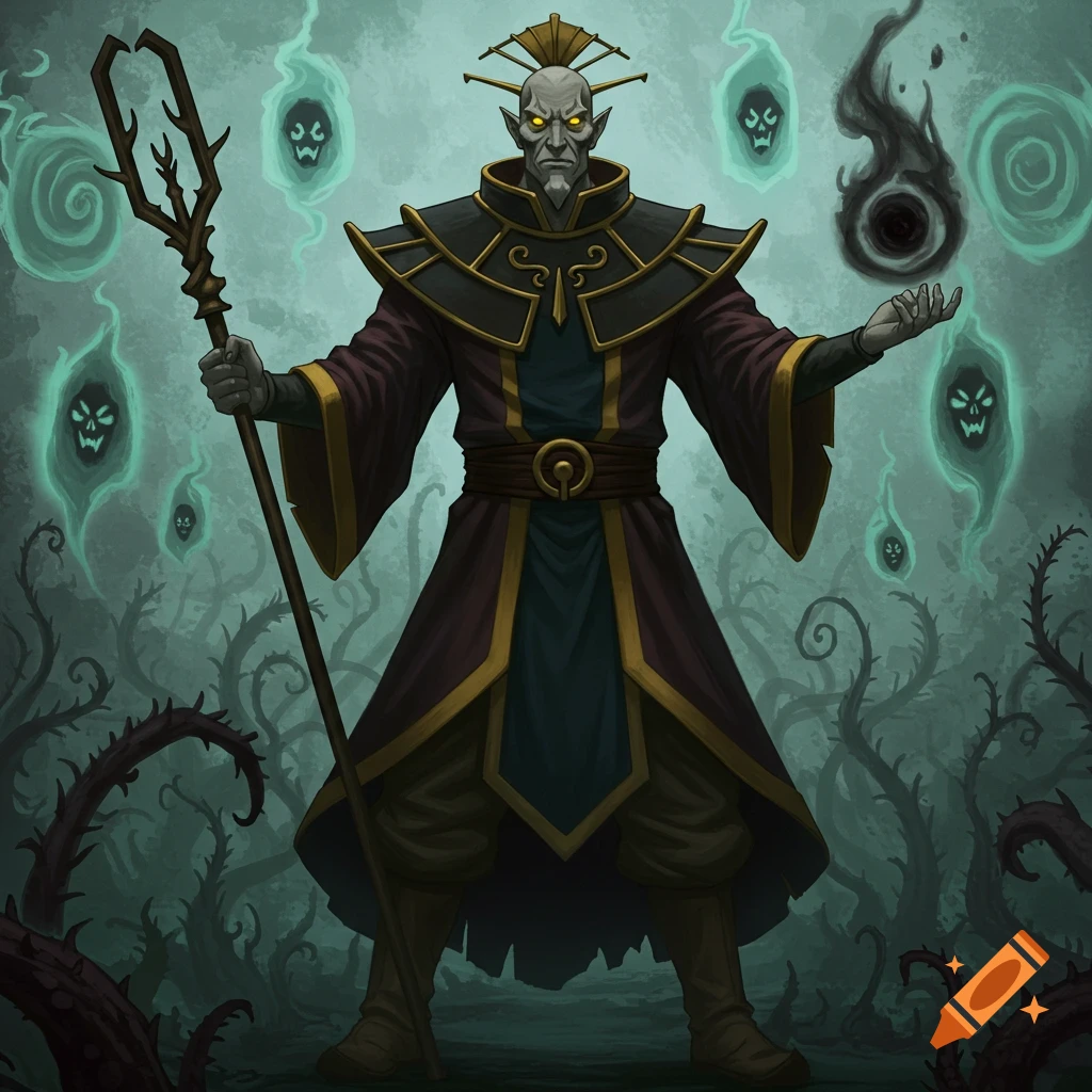 A dark fantasy illustration of a robed figure with a staff surrounded by floating spirits.