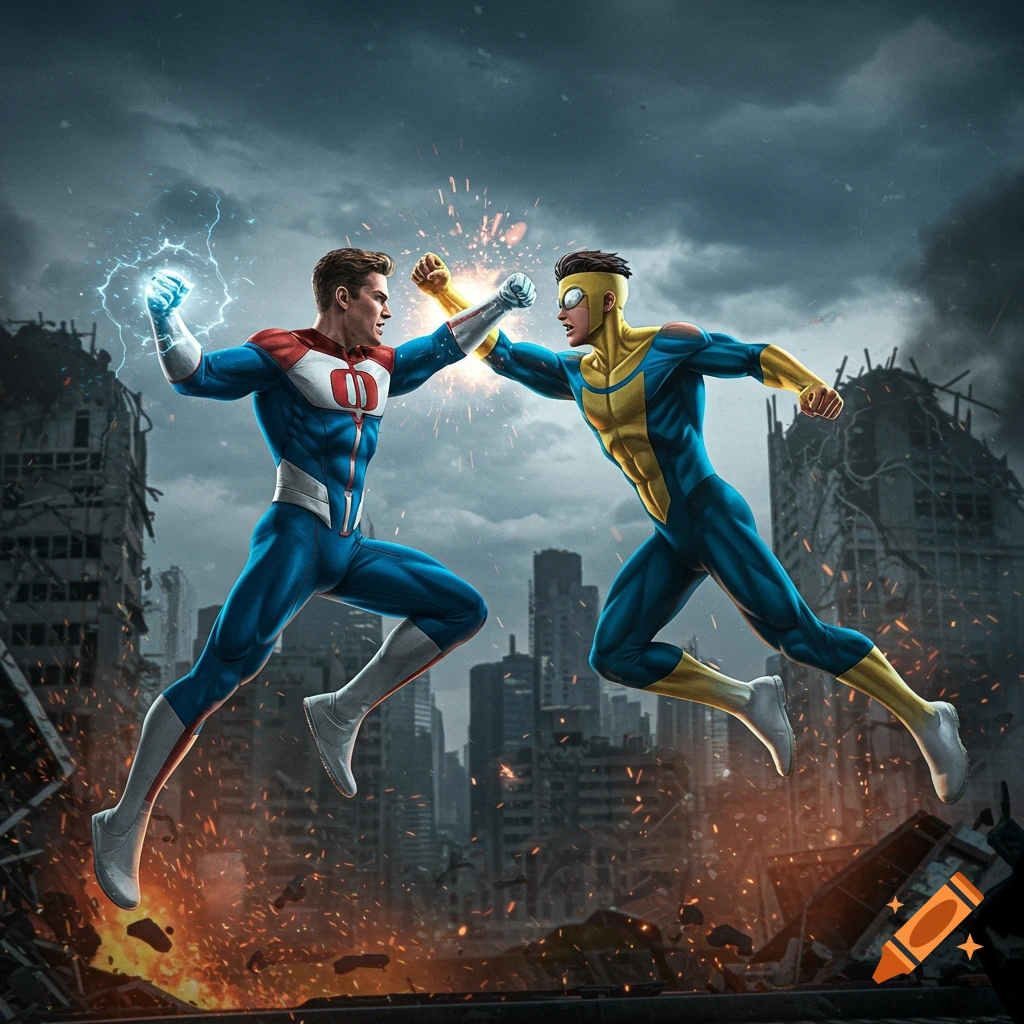 Superheroes fight above a destroyed city.