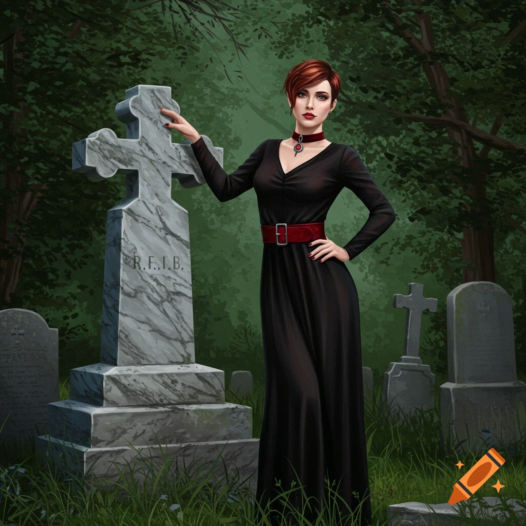 A woman with short auburn hair in a black dress and red belt stands by a stone cross in a cemetery.