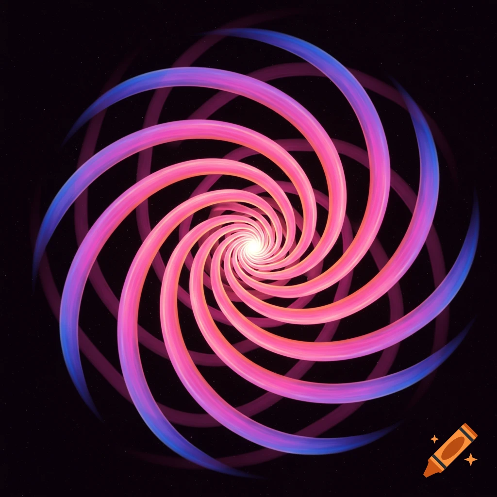 A glowing pink and blue spiral against a dark, starry background.