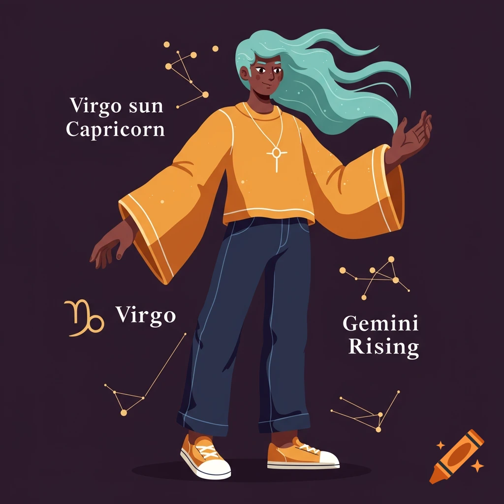 Illustration of a person with astrological signs and constellations for Virgo and Gemini Rising.