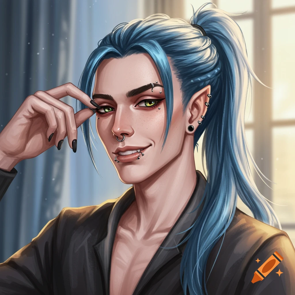 Image of a smirking man with blue hair ponytail, piercings, pointy ears, and a dark jacket, in front of a window.