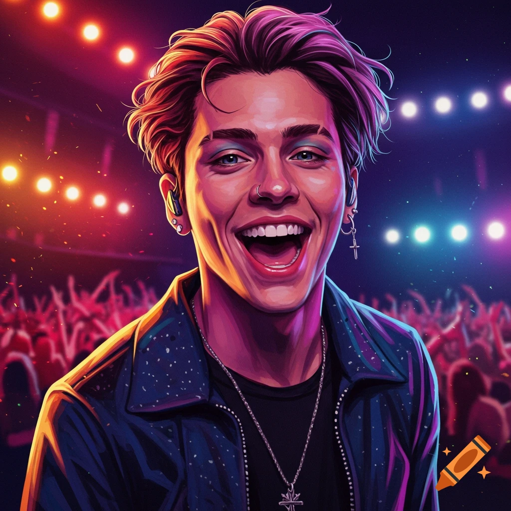 A young man smiles on stage at a concert.
