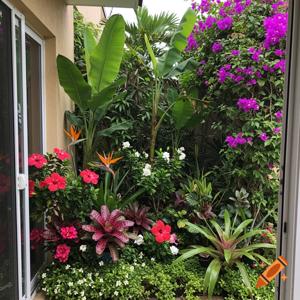 A vibrant subtropical garden with hibiscus, bird of paradise, bougainvillea, and banana plants viewed from a doorway.