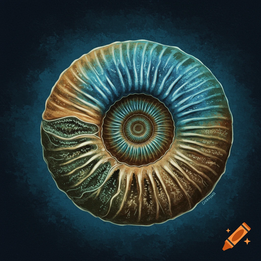 A blue and brown ammonite fossil against a dark blue background.