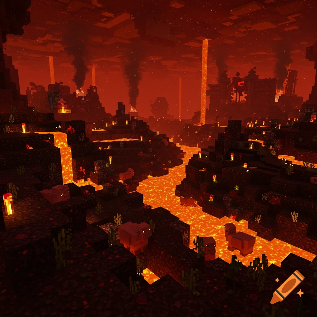 Realistic Minecraft Nether world with lava rivers and blocks.