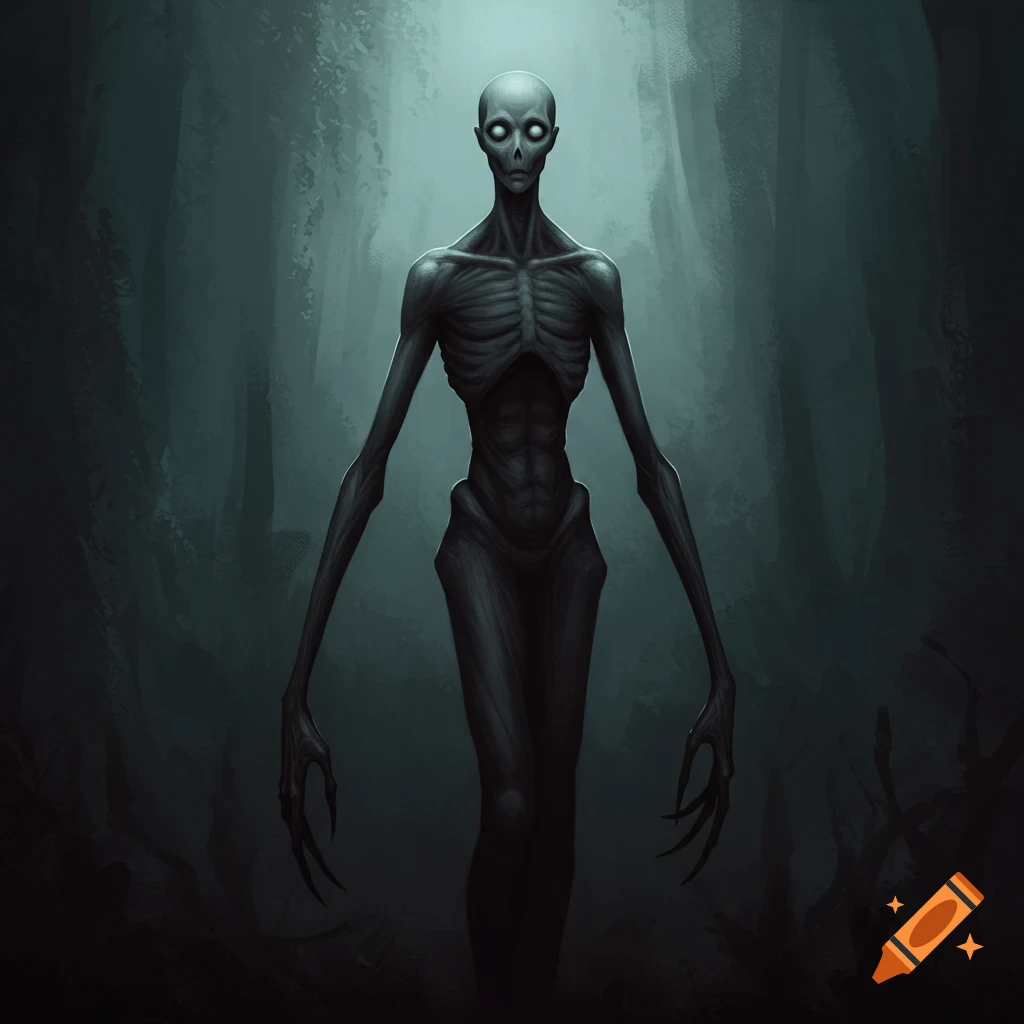 A skinny, mouthless creature with white eyes standing in a dark forest.