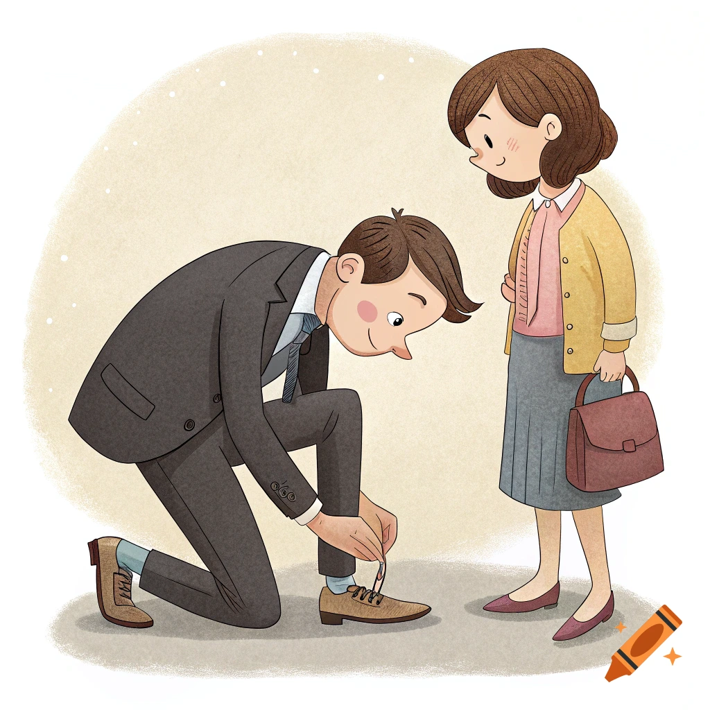 Illustration of a man kneeling to tie a woman's shoe.