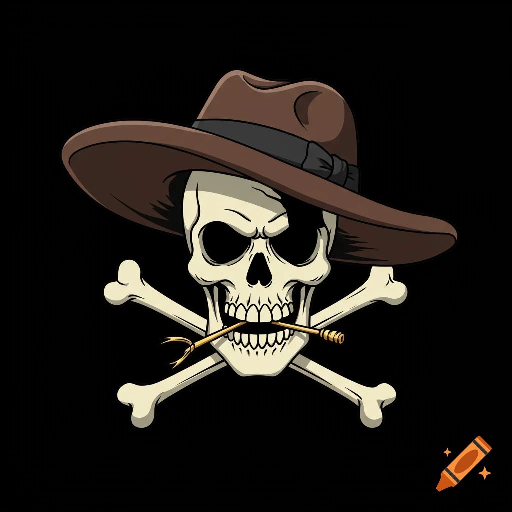 A cartoon skull wearing a fedora with a piece of straw in its mouth, over crossed bones on a black background.