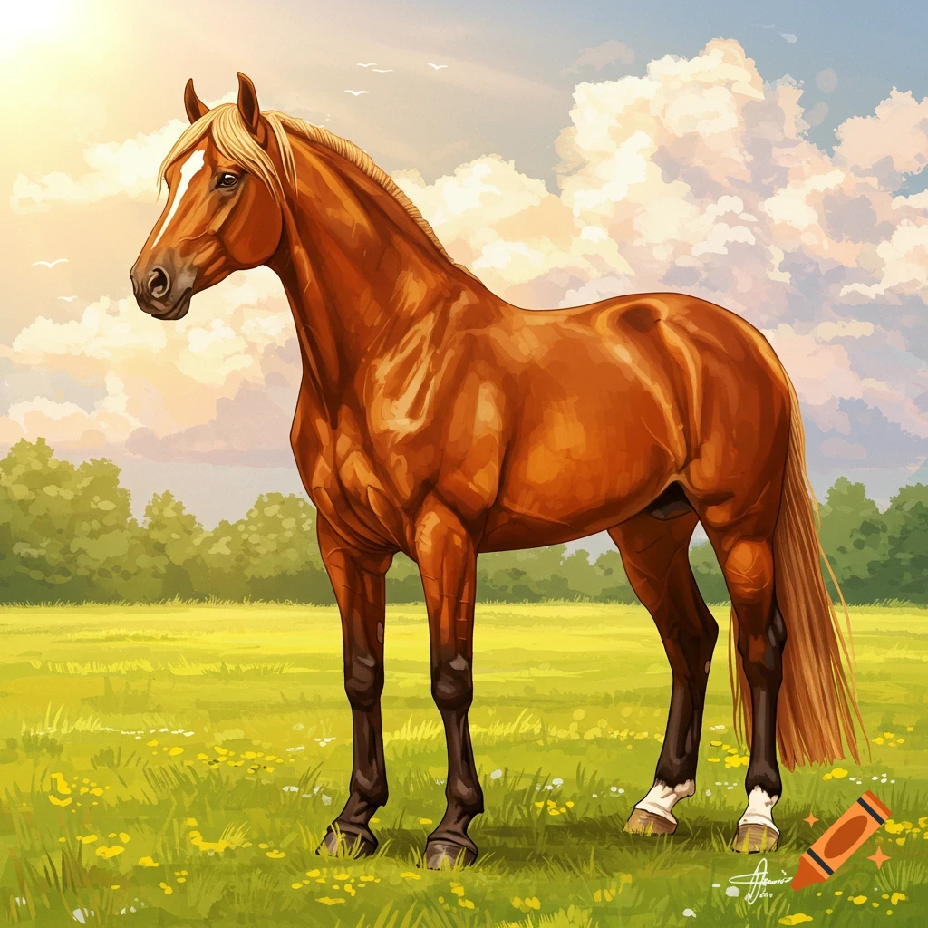 A brown horse stands in a sunny field under a cloudy sky.