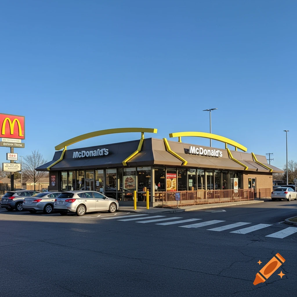 Exterior view of a McDonald's restaurant with cars in the parking lot under a clear blue sky.