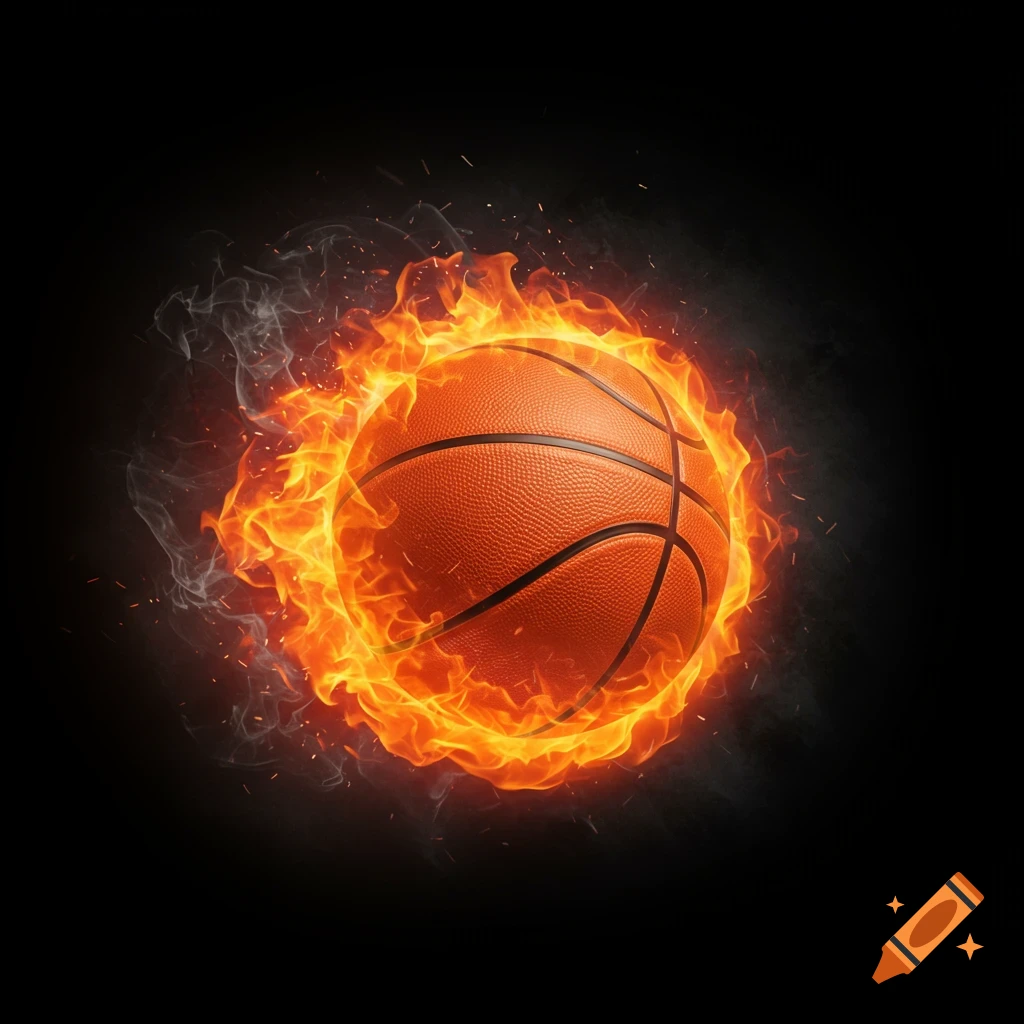 A basketball engulfed in flames on a dark background.