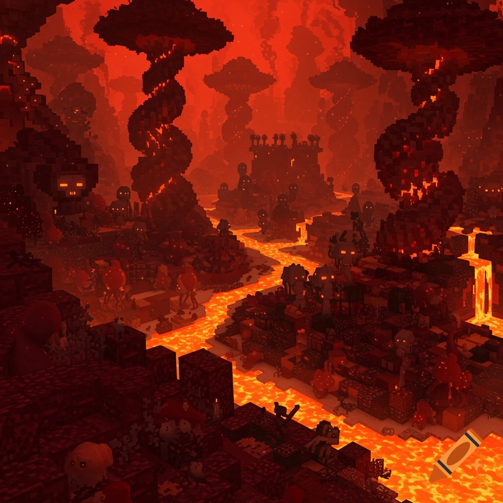 A blocky voxel art landscape resembling the Minecraft nether, with lava rivers, structures, and figures under a crimson sky.