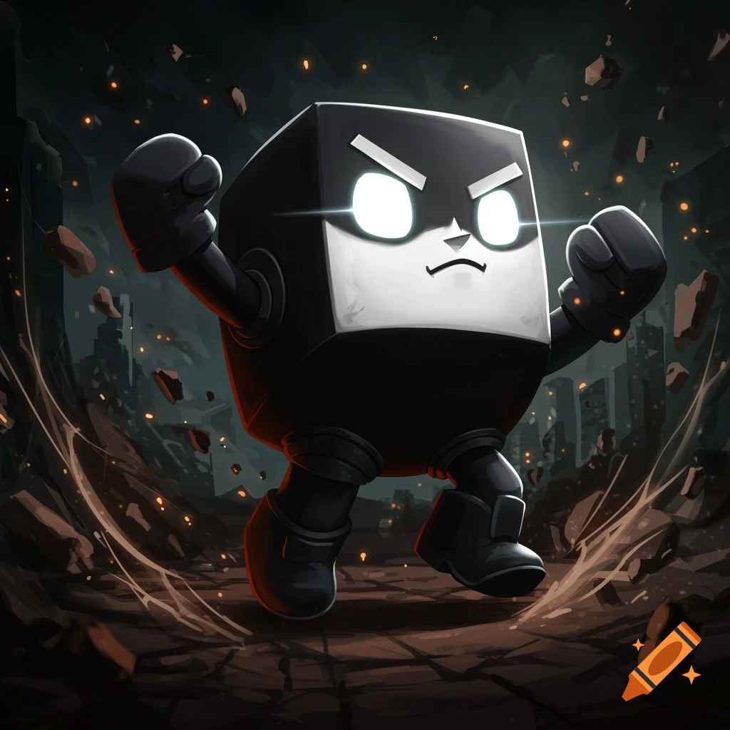 Chibi style cube-headed hero character in fighting pose amidst debris