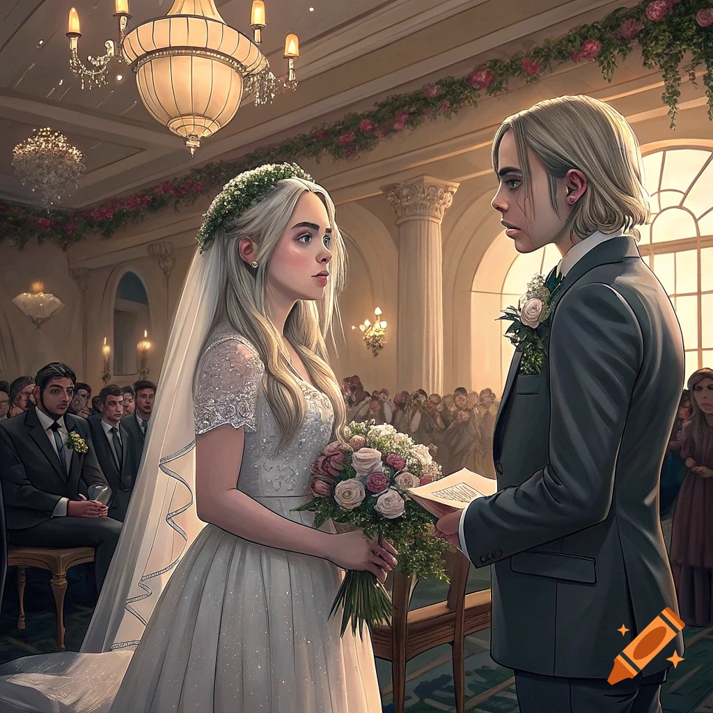 A wedding ceremony with a bride and groom exchanging vows in a large hall.