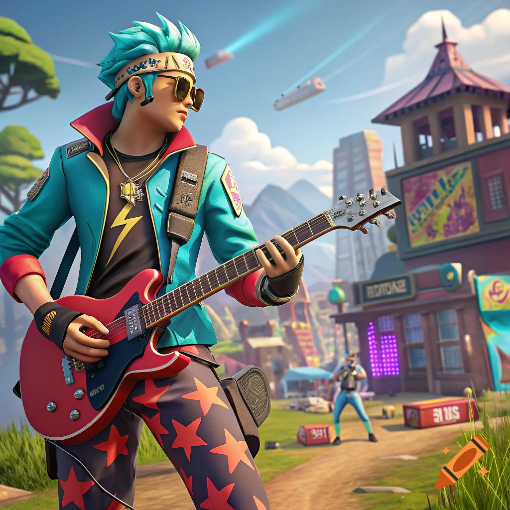 Stylized young man with blue hair playing a red electric guitar in a bright, futuristic city landscape.