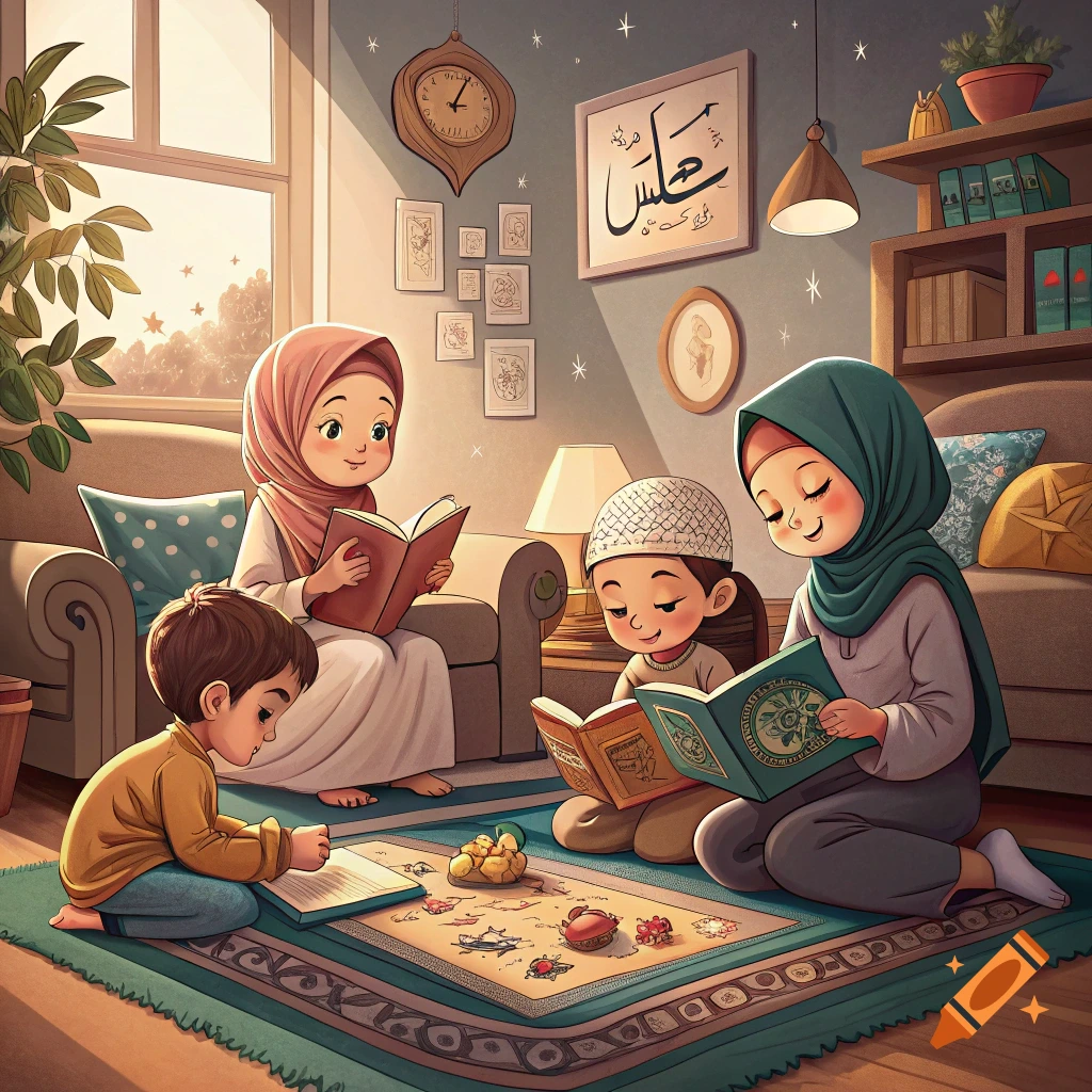 Illustration of a Muslim family reading books in a sunlit living room.
