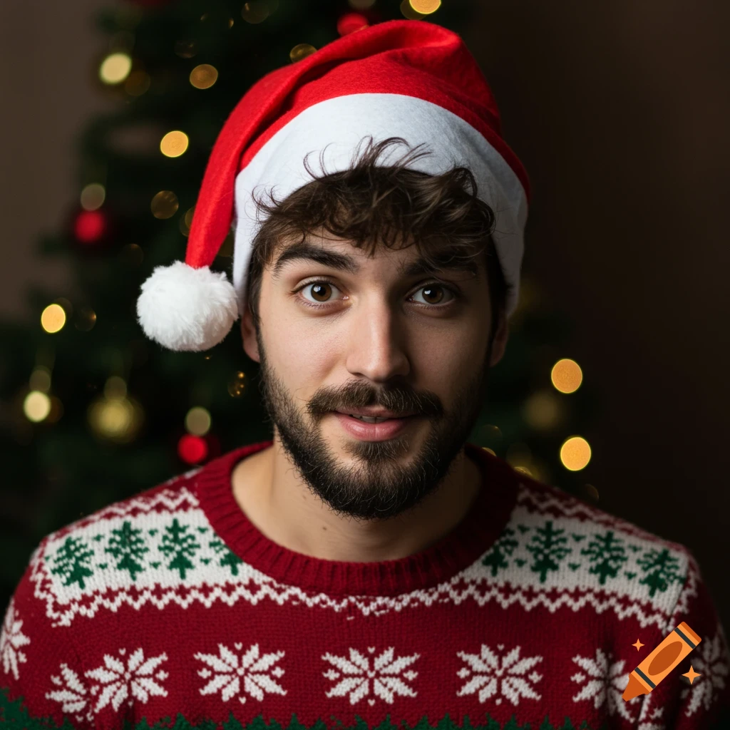 A young man in a Santa hat and Christmas sweater in front of a Christmas tree.