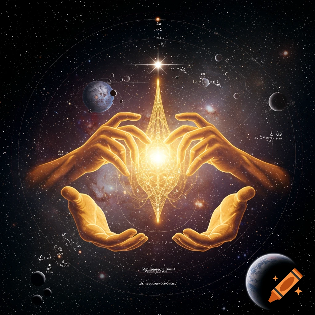 Four hands in space holding a glowing, geometric energy structure, surrounded by planets, stars, and scattered mathematical symbols.