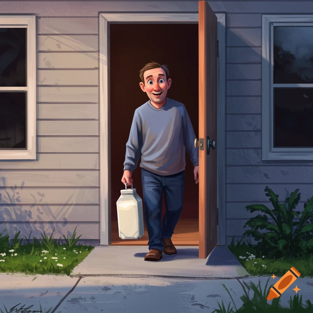 A man holding a milk jug walking out the front door of a house.