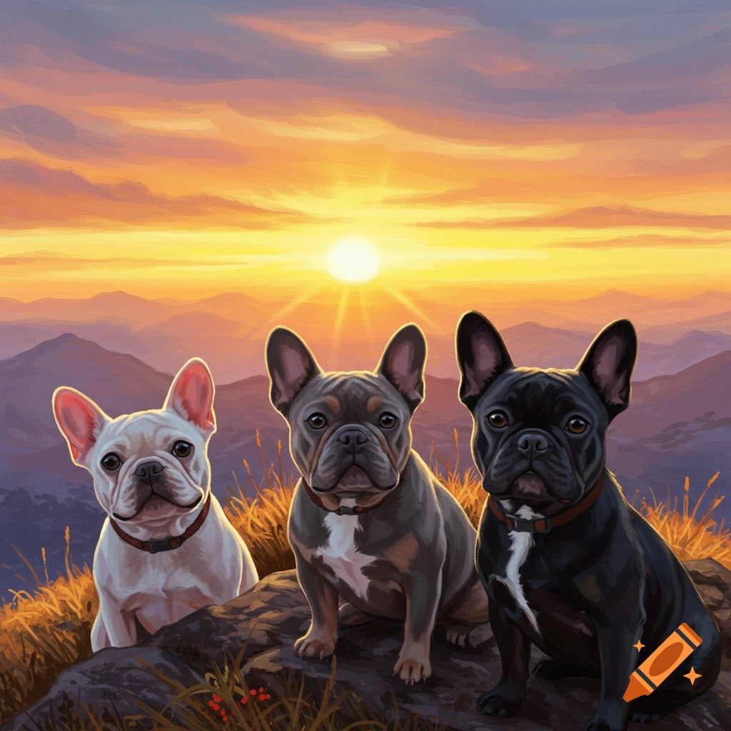 Three French bulldogs sit on a mountain rock watching the sunrise.