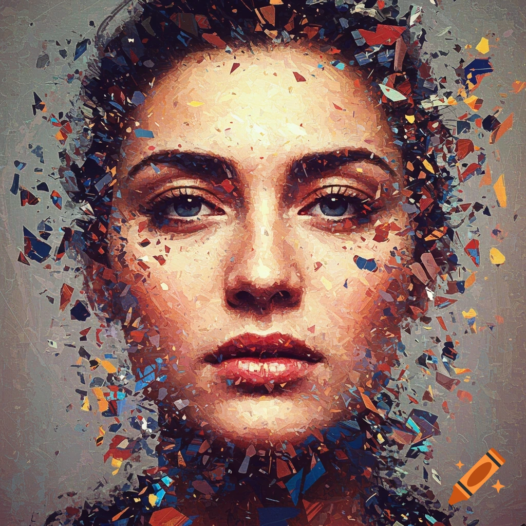 Abstract fragmented portrait of a woman's face with blue eyes.