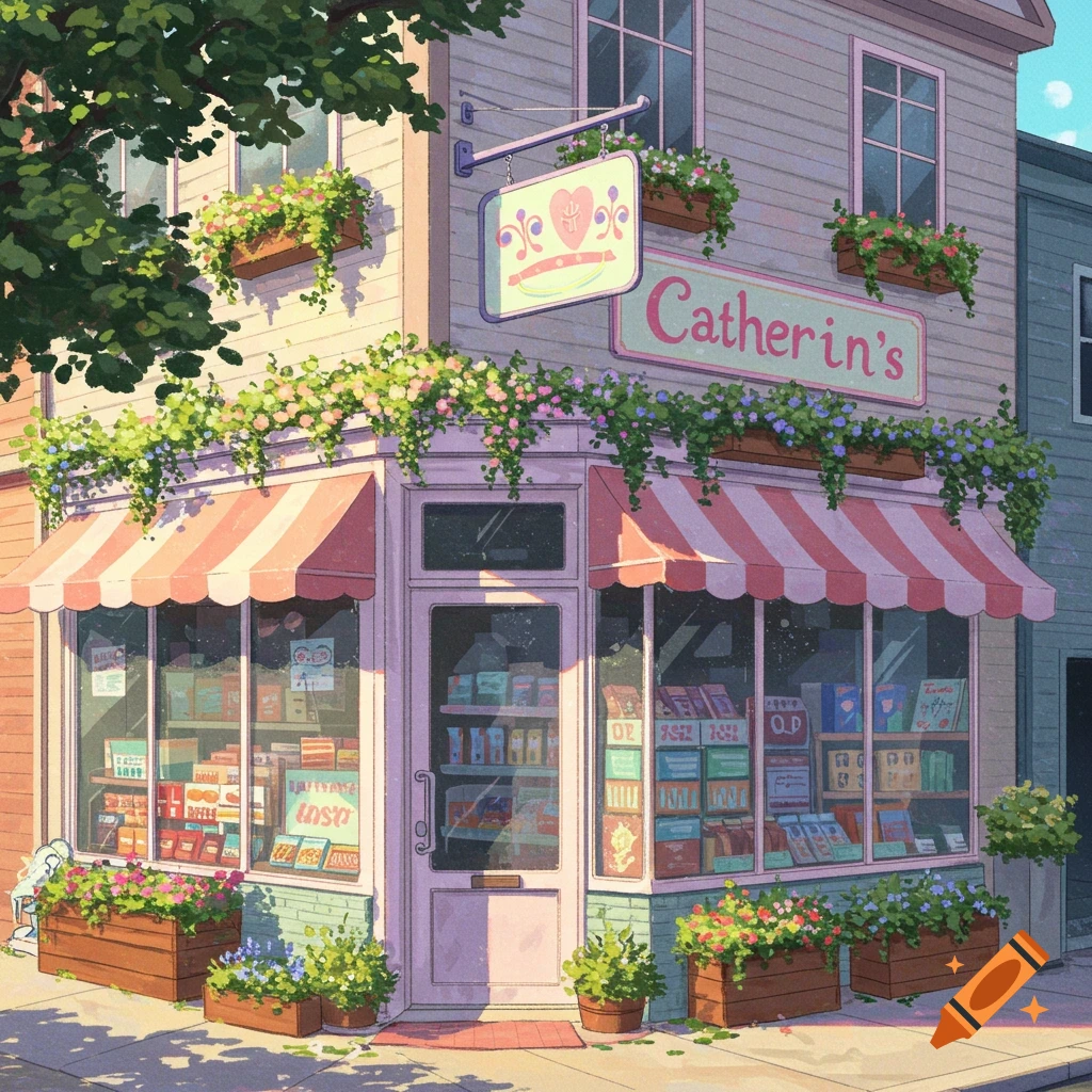 A cute corner store with a striped awning, windows filled with goods, and flower boxes.