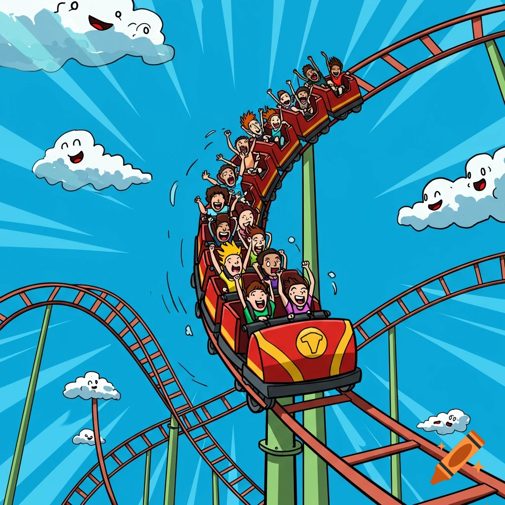 Cartoon of people riding a roller coaster.