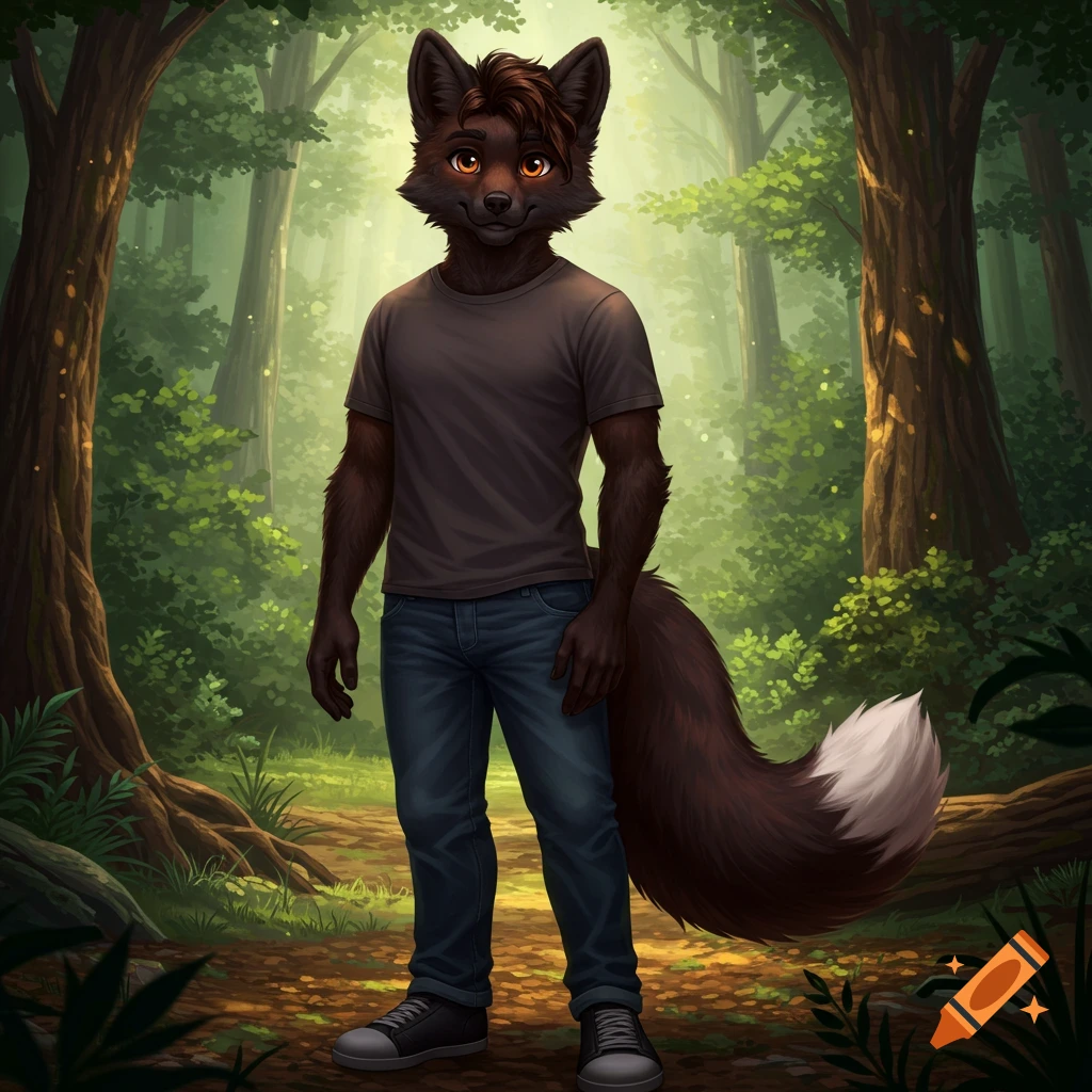 A melanistic fox fursona stands in a sunlit forest.