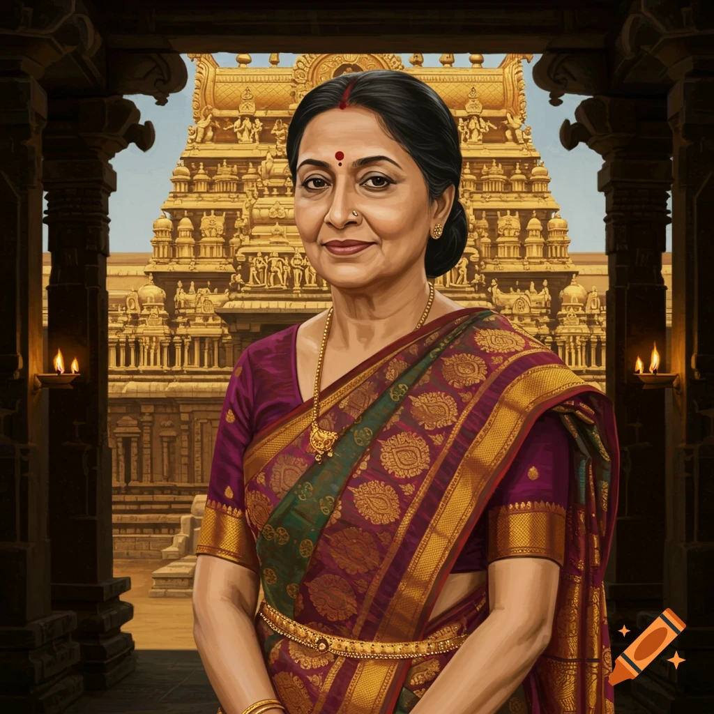 An Indian woman in a saree stands before a temple.