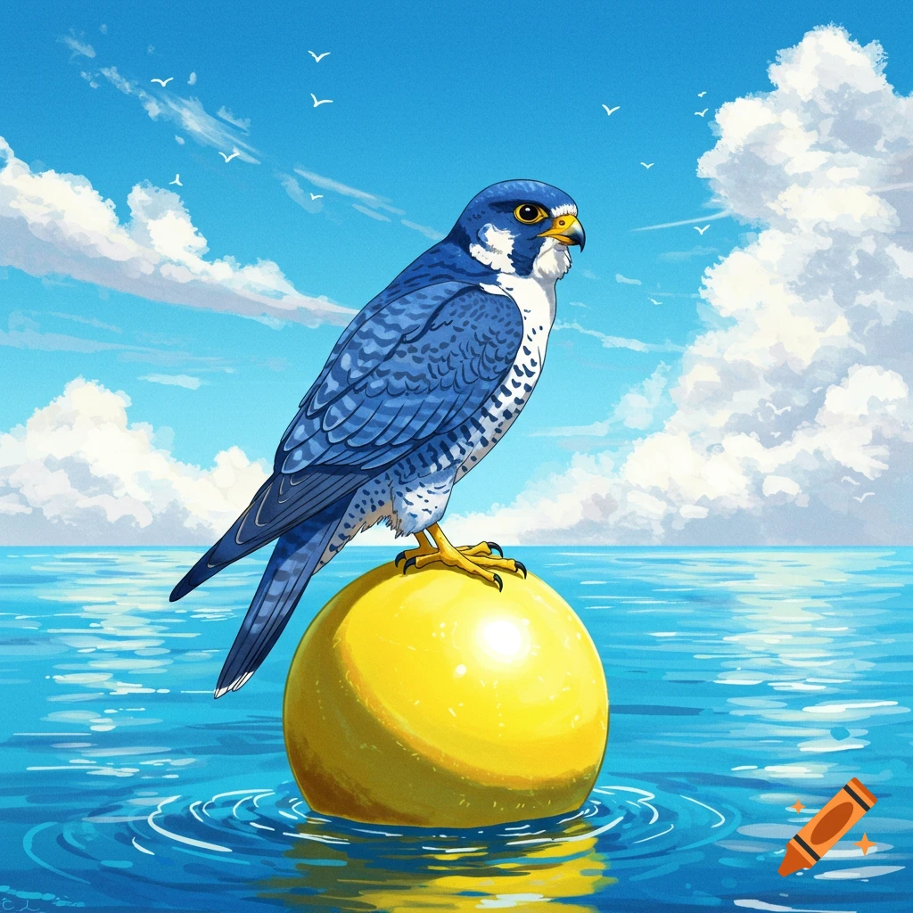 A blue falcon perches on a yellow buoy in the ocean under a cloudy sky.