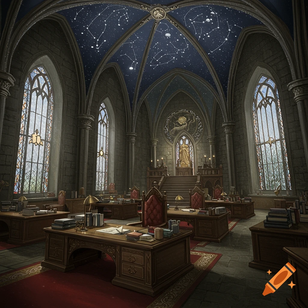 A large gothic-style room with constellation ceiling, stained glass windows, and many desks.