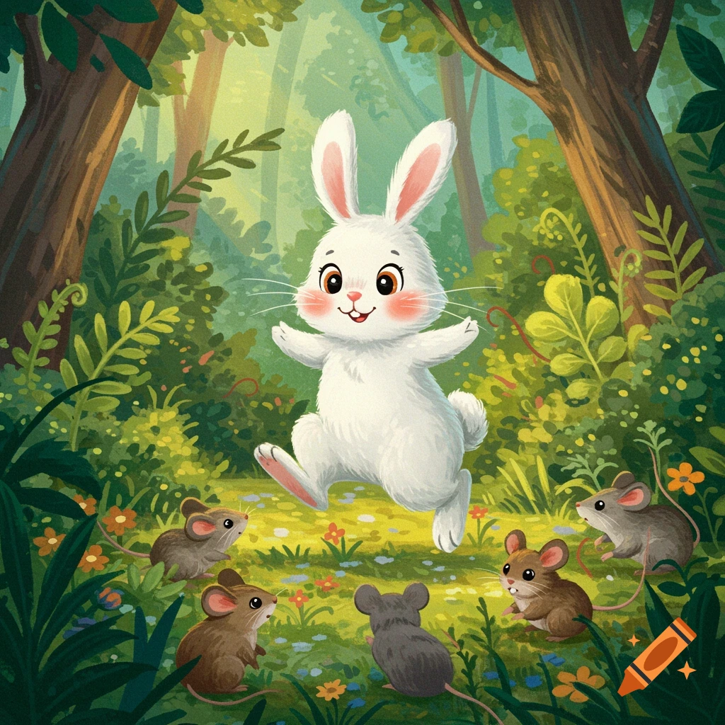 A cute white bunny hops among mice in a forest clearing, in a children's book illustration style.