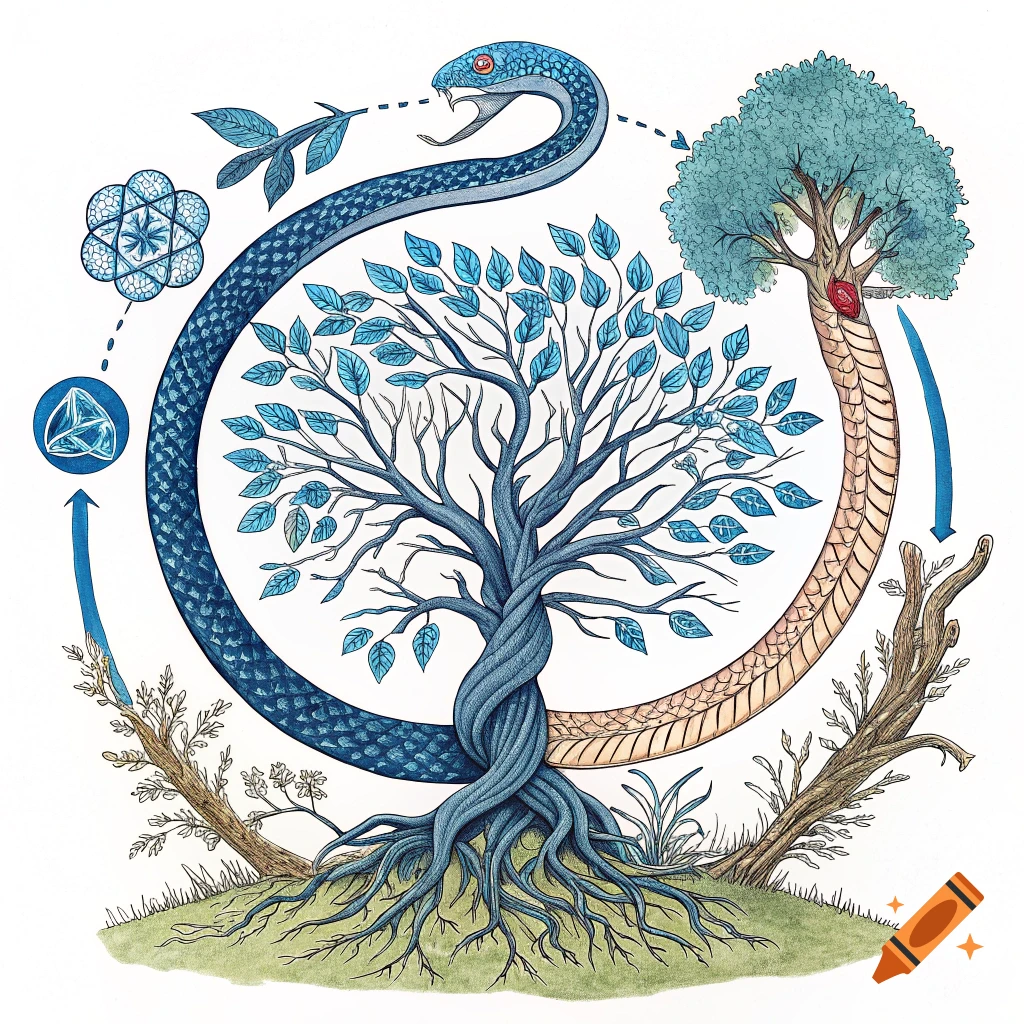 Illustration of a blue and gold Ouroboros snake circling a tree depicting its life cycle.
