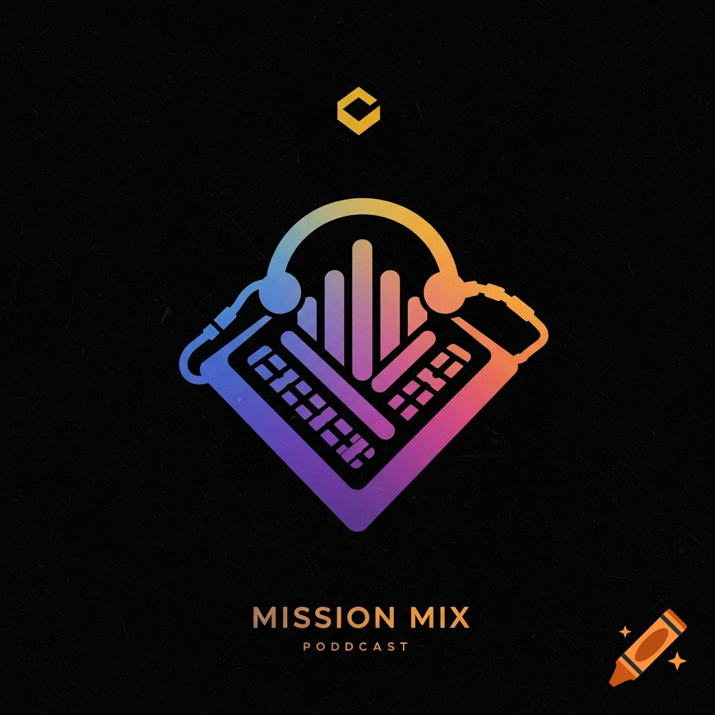 A stylized logo for Mission Mix Podcast with colorful audio equipment graphics.
