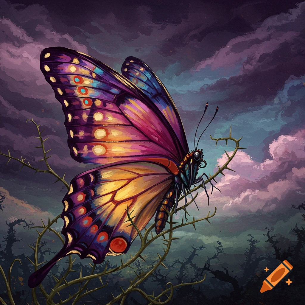 A vibrant image of a colorful butterfly perched on a thorny branch against a dramatic, dark sky.