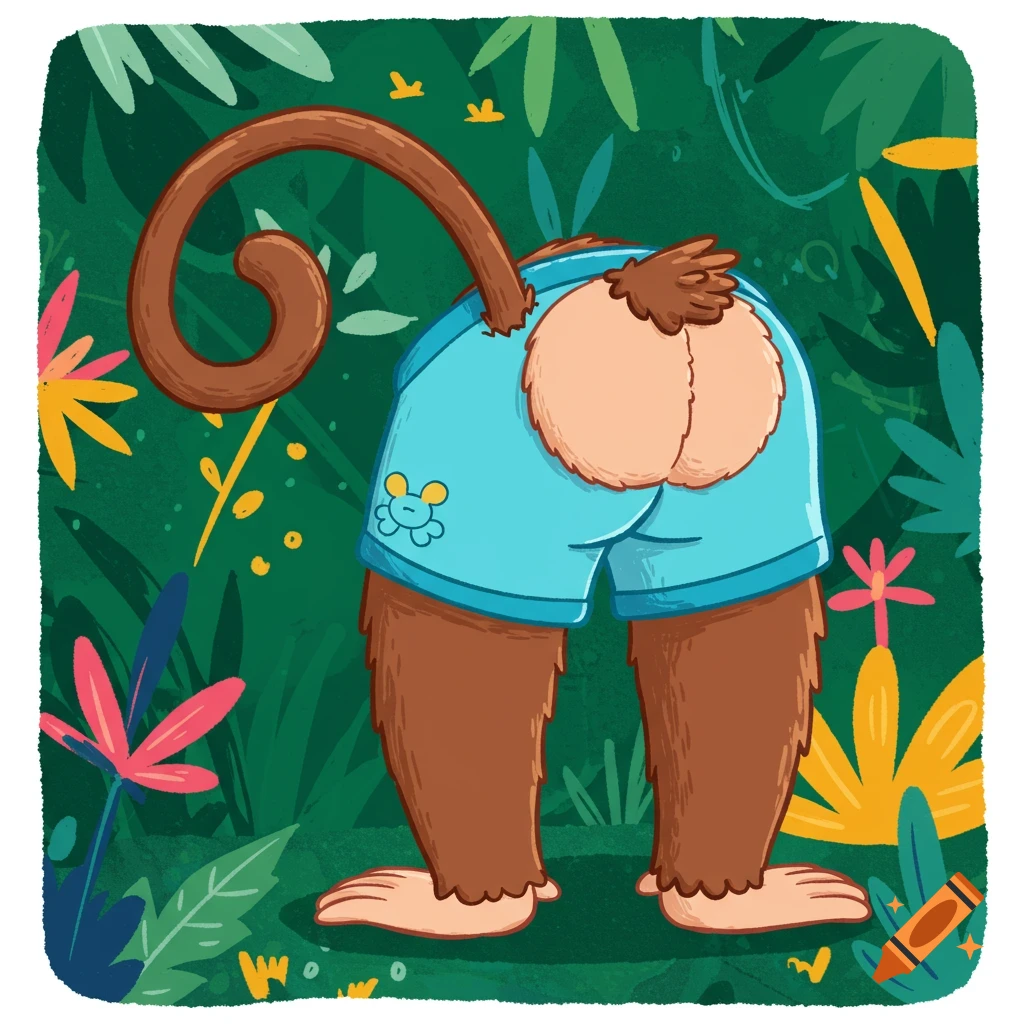A cartoon illustration shows the back view of a monkey's butt in blue shorts in a jungle.