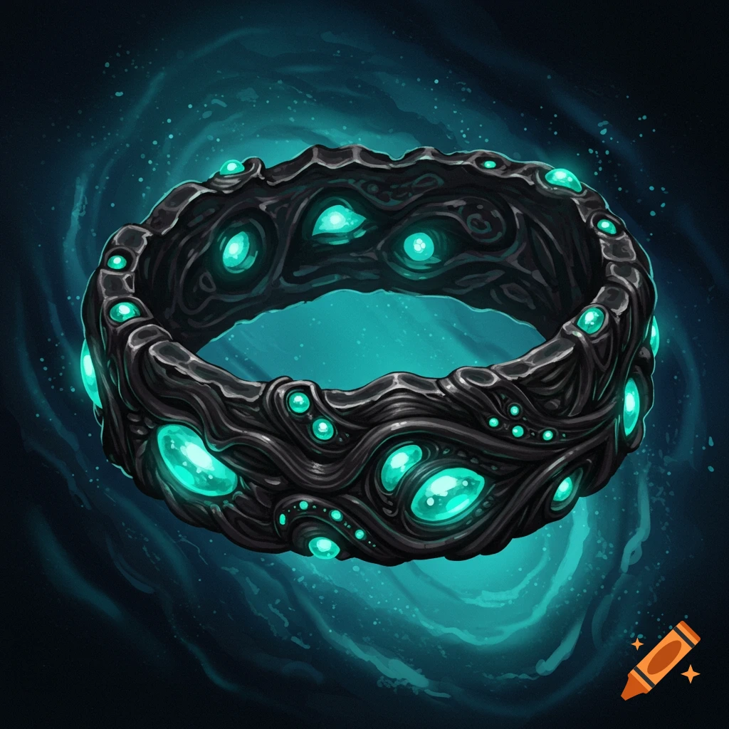 A dark fantasy bracelet with glowing blue gems against a swirling background.