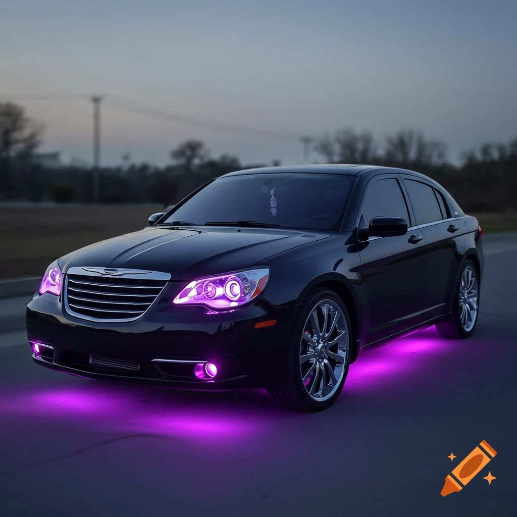 A black car with purple LED headlights and underglow lights on a road at dusk.