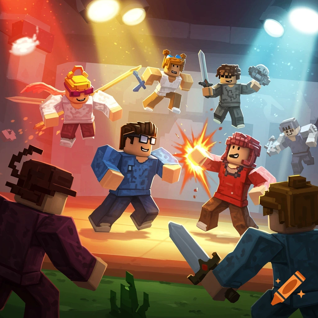 Blocky, cartoonish characters styled like early Roblox fight on a stage under spotlights.