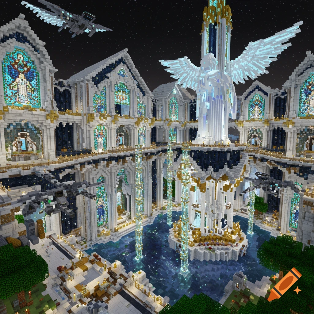 Ornate Minecraft structure with central angelic figure, reflecting pool, and futuristic elements