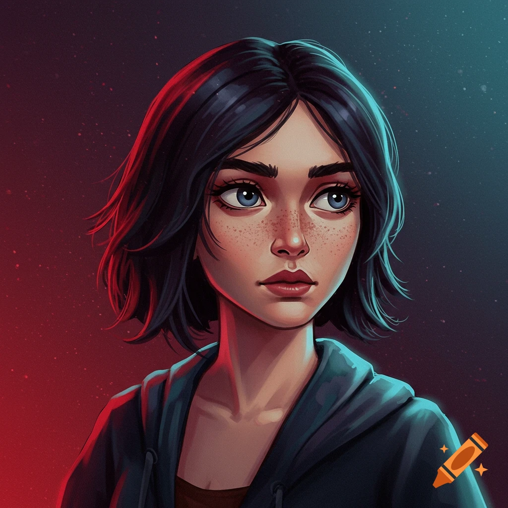 Stylized digital portrait of young woman with freckles and hooded jacket, lit by red and blue.