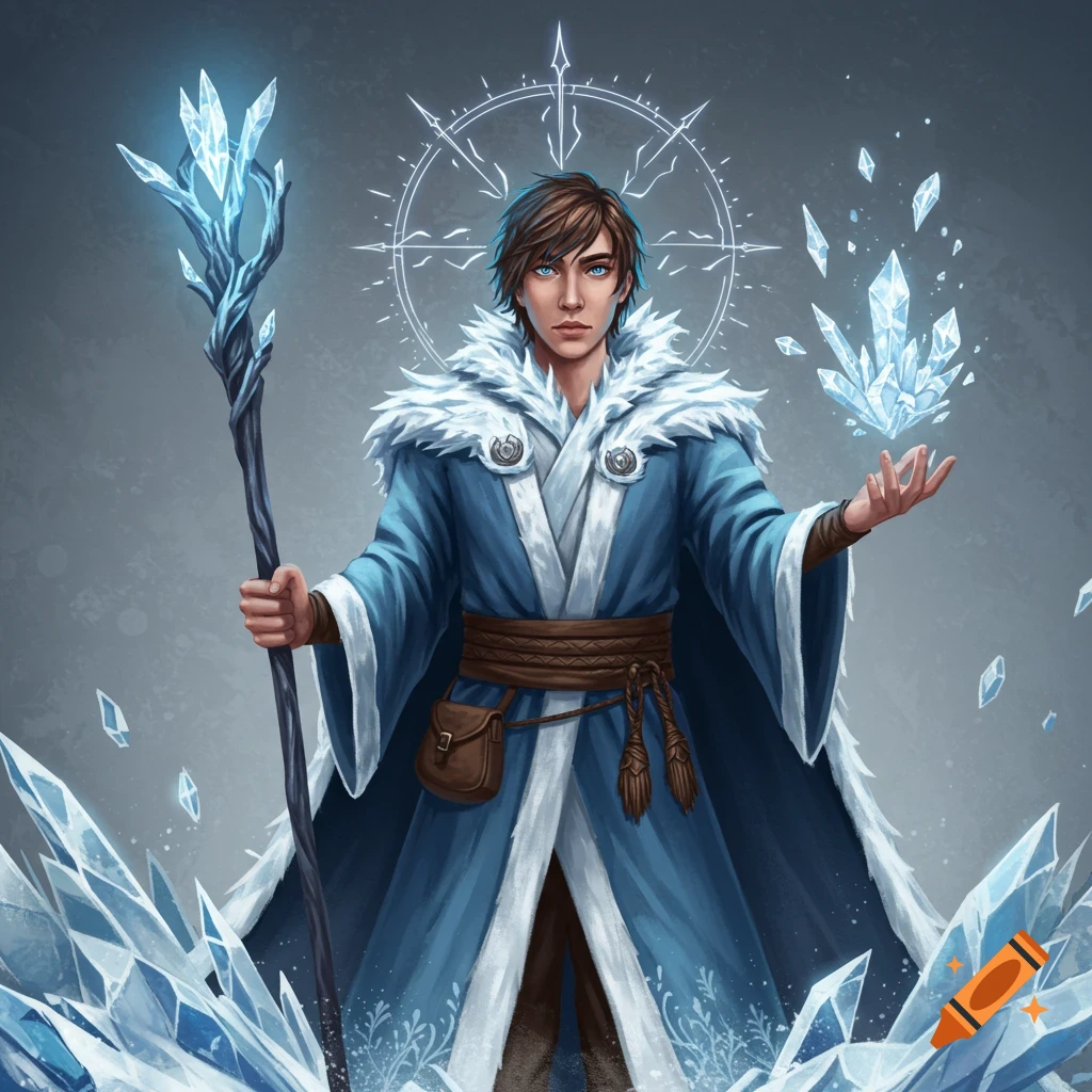 A young man in blue and white robes with fur trim holds a staff, conjuring ice crystals.