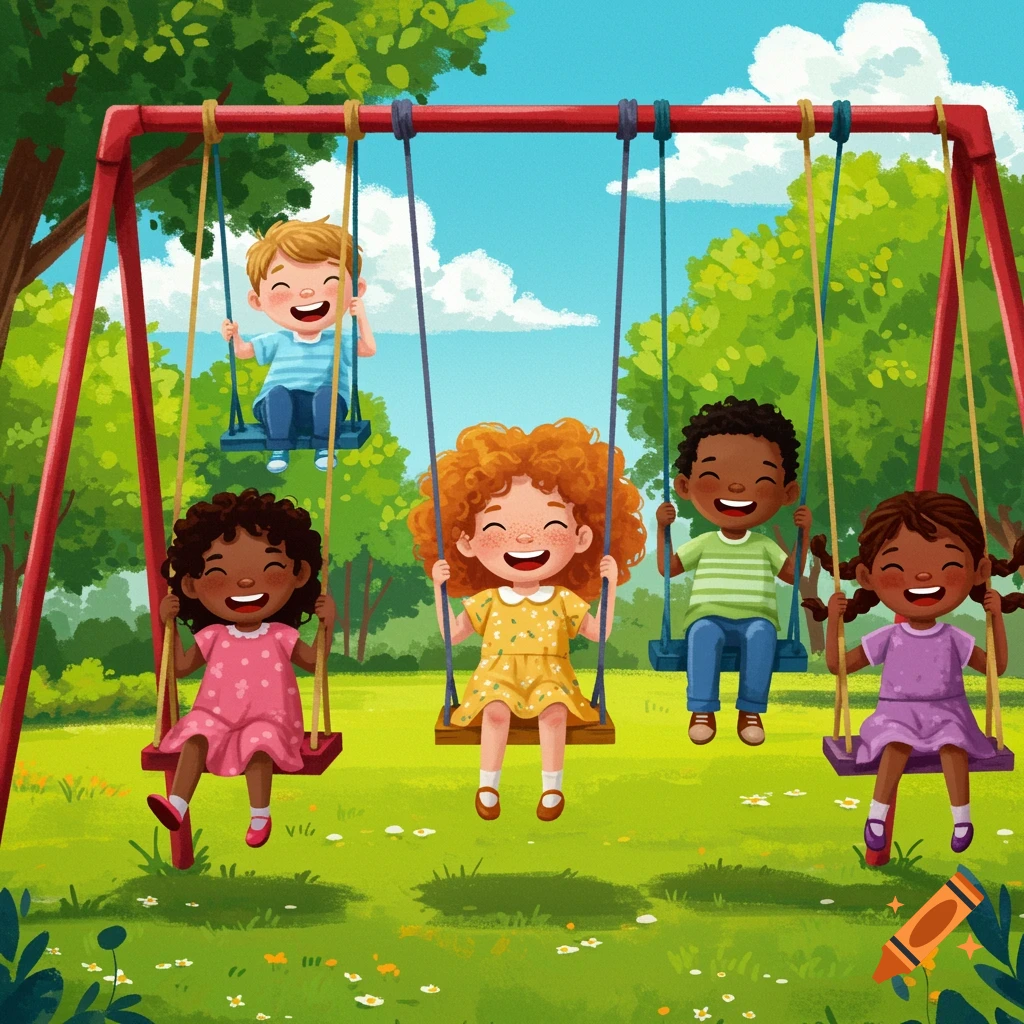 Five diverse children happily swing on a playset in a park.