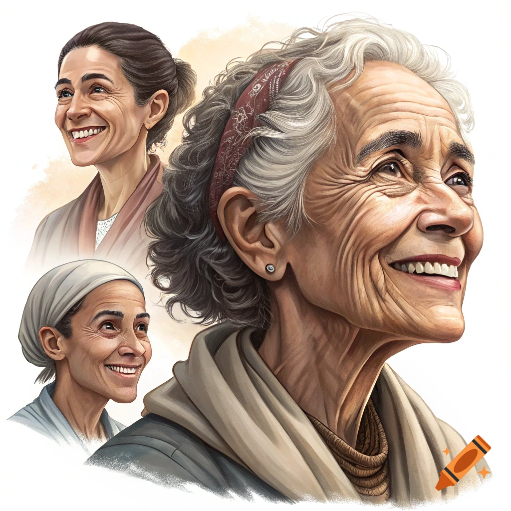 Multiple close-up portraits of women of different ages smiling, in an illustrative style.