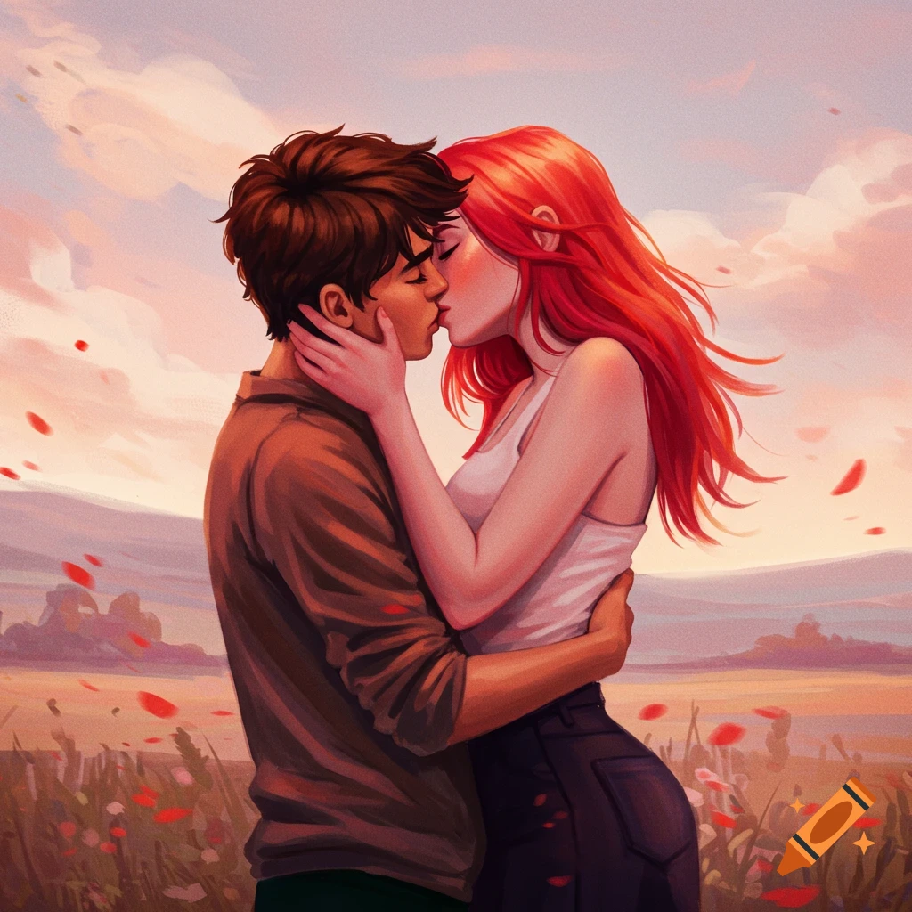 Couple kissing in a field with red petals at sunset
