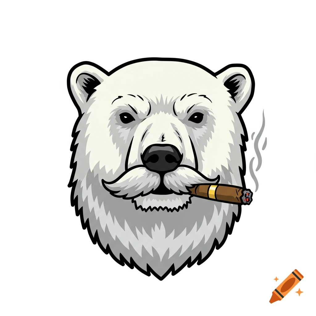 Vector illustration of a polar bear head with a mustache smoking a cigar