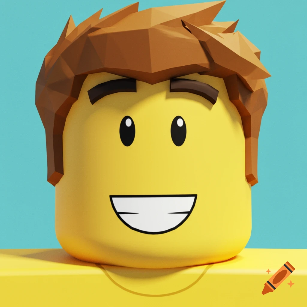 3D render of a stylized yellow Roblox character face with brown hair and wide smile
