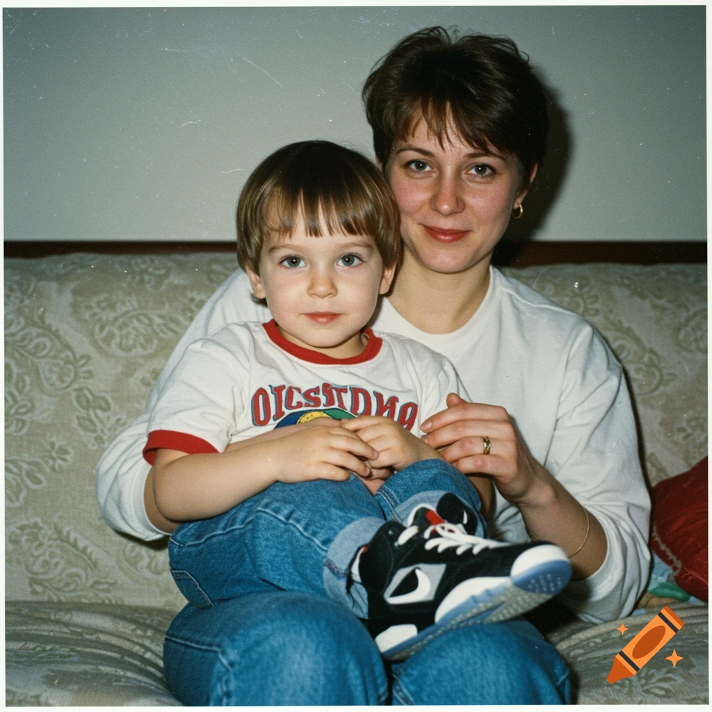 Vintage photo of a mother and son sitting on a couch, mother holding the boy on her lap